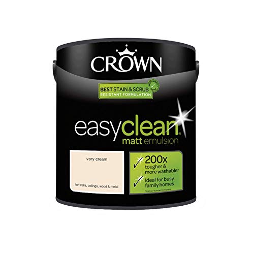 2.5L CROWN Easy Clean MATT Emulsion Multi Surface Paint That can be Used on Walls, Ceilings, Wood and Metal. Stain & Scrub Resistant Formula – Ivory Cream