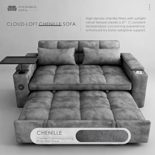Image of Dreamzie 65'' 3 in 1 Convertible Sleeper Sofa Bed, Chenille Pull Out Couch for Living Room with 90 Swivel Side Table, Loveseat Sleeper with Charging Port | Side Pocket | Cup Holders, Grey