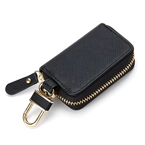 Cute Car Key Case For Girls And Women, Genuine Leather Embroidered Car Smart Key Chain Keychain Holder, Metal Hook And Keyring Zipper Bag For Remote Key Fob - Black #TOP2