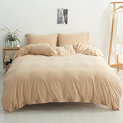 DONEUS Duvet Cover King Size, 3 Piece (1 Solid Champagne Duvet Cover, 2 Pillow Shams) Soft Jersey Knit Cotton Duvet Cover Set with Zipper Closure, Corner Ties