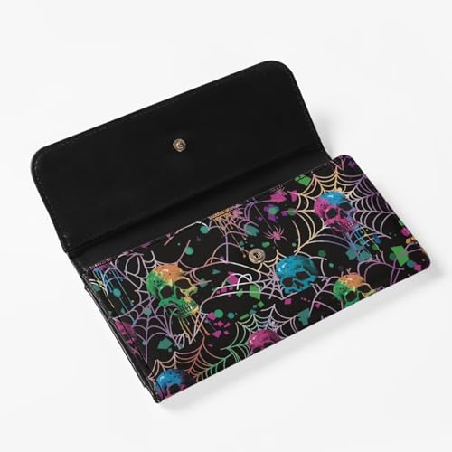 Image of AFPANQZ Colorful Skull Spider Web Leather Wallets for Women RFID Blocking Checkbook Wallet with Cit Card Slots Phone Holder Zip Pocket, Buckle Closure, Ladies Purse