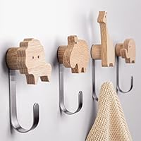 Children's Wooden Coat Hooks in Animal Shapes, Oak, Wall Hooks, Coat Hooks, Children's Room, Animals, Lion, Elephant, Hippo, Giraffe, Decoration (Oak with 4 Metal Hooks)