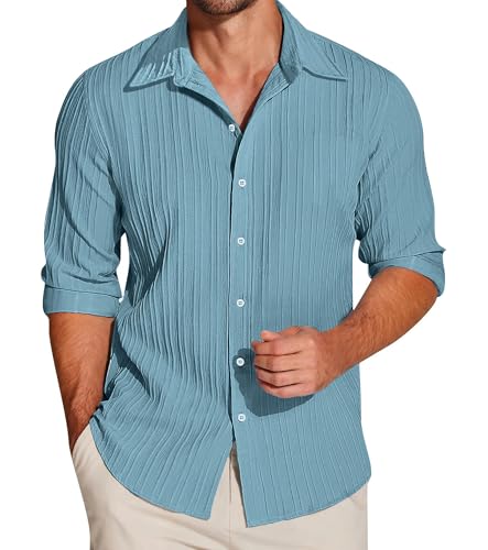 Image of FILO HEVIS Men's Casual Button Down Popcorn Shirts Stylish Long Sleeve Linen Textured Beach Summer Shirt