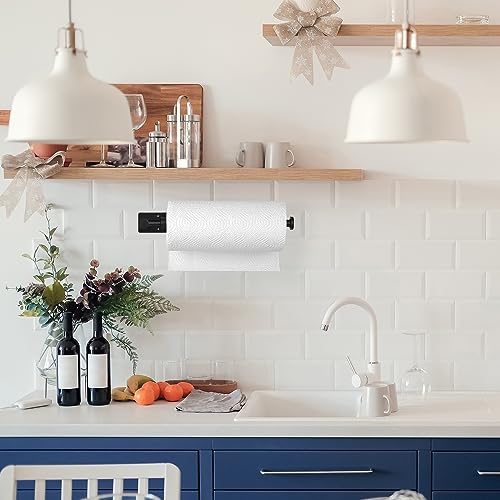 Image of Black Paper Towel Holder Under Cabinet, Single Hand Operable Wall Mount Paper Towel Roll Holder with Damping Effect, Self-Adhesive or Drilled for Kitchen Bathroom, SUS304 Stainless Steel