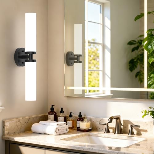Image of Wall Sconces Set of 2, Matte Black Hardwired Bathroom Light Fixtures, Modern Bathroom Vanity Wall Lighting with Milky White Glass Shade, Farmhouse Wall Sconce for Bedroom Living Room Hallway