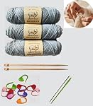 Knitting Kit for Beginners Adults, 2 Pcs Bamboo Needle, Wool Yarn, Knitting Needles, Yarn Needle & Stitch Markers Hobby for Learn to Knit DIY Craft and Hobby (Gray)