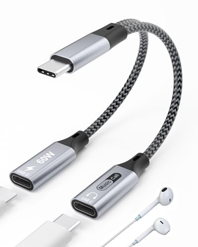 USB C Splitter USB C auf Dual USB C Kopfhörer Adapter & Laden 2 in 1 Typ C Verteiler PD 60W Schnellladung & Aux Audio Kabel, für iPhone 15/ Samsung/Pixel/Android Handy/Laptop