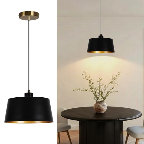 WillWant 10" Modern Black and Gold Pendant Light, Contemporary Matte Black Metal Hanging Fixture for Kitchen Island, Dining Room Over Table, Foyer, Entryway