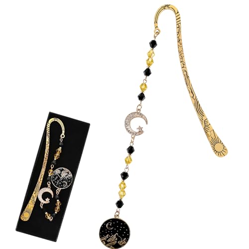 Celavoy Fantasy Acotar Metal Bookmark - Retro Vintage Hook Book Marks Page Mark with Beaded Black Gold Moon Charm for Women Men Students Teachers Reading Lovers Birthday Gifts School Accessories