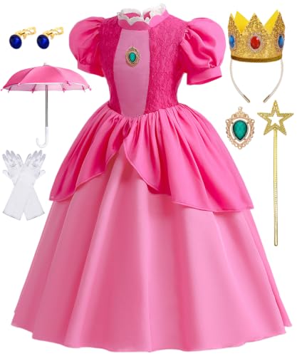 Girls Princess Costume Dress Pink Pink Casual Dress Kids Outfit with Accessories Puff Sleeve Party Dresses with Crown Wand Gloves Set for Birthday Daily Wear AB022L