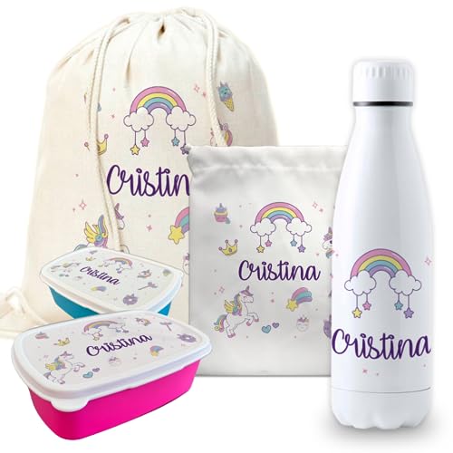 Pack vuelta al cole diseño unicornios botella personalizada + mochila saco personalizada + fiambrera personalizada + bolsa merienda personalizada con foto y texto para el colegio o guardería.