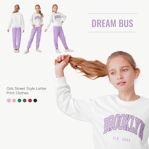 Image of DREAM BUS Girl Letter Print Clothes Drop Shoulder Sweatshirt and Pants with Pockets for Girls Tween Girl Fall Pants Set