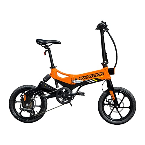Swagtron Swagcycle EB-7 Elite Plus Folding Electric Bike with Removable Battery, Orange/Black, 16" Wheels, 7-Speed