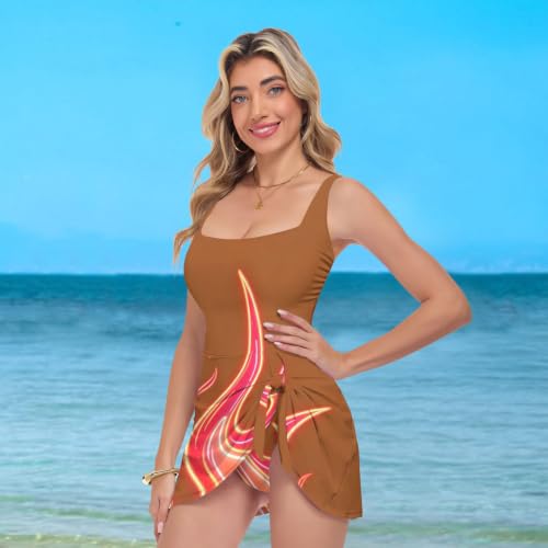 Maillot de bain push-up col dégagé marron imprimé flammes fluo à effet gainant