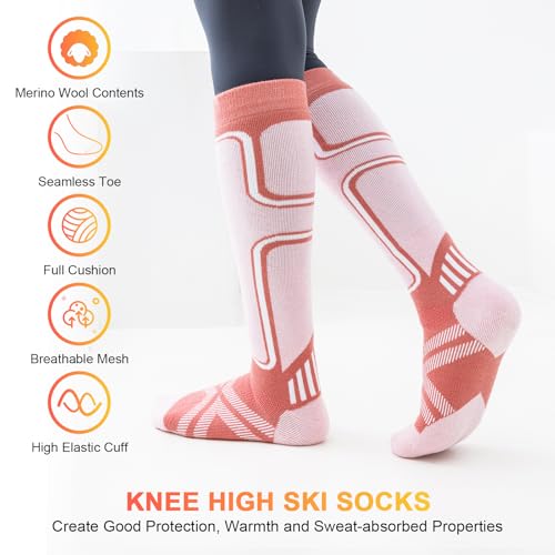 Cirorld 2 Paar Skisocken aus Merinowolle für Damen Herren, Wärmende Wolle Thermosocken Dicke Wintersocken für Kaltes Wetter, Schnee, Skifahren, Snowboarden, Rosa&Violett 35-38