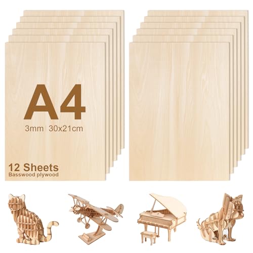 FoiiLiio 12 piezas Madera Contrachapada 3mm, A4 Tablero Contrachapado 30 x 21 cm, Sin Terminar Tablero Madera para Manualidades Decoración, Proyectos de Láser, Pintura, Modelado