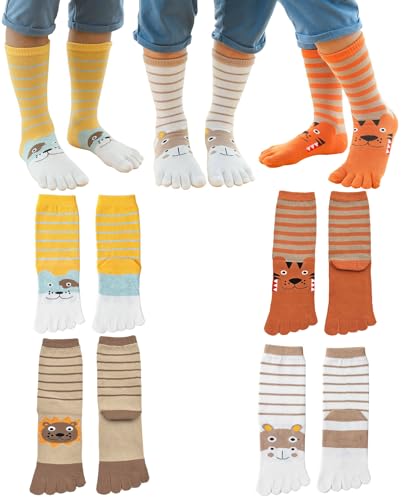 4 Pairs Cotton Five Finger Toe Socks Athletic Running Calf High Animal Stripe Seperated Socks for Kids Boys Girls 3-12 Years