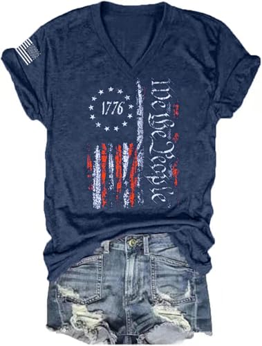 Patriotic Shirts for Women: USA Flag Tee 4th of July Red White Blue Tops Memorial Day V-Neck T-Shirt