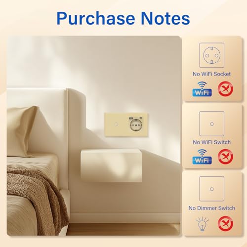 BSEED Touch Lichtschalter mit USB Steckdose Anschluss (Max. 2.1A) Typ C Port 1 Fach 2 Wege Wandschalter mit USB Steckdose Unterputz Lichtschalter mit Glasrahmen Golden (Nicht Smart Schalter)