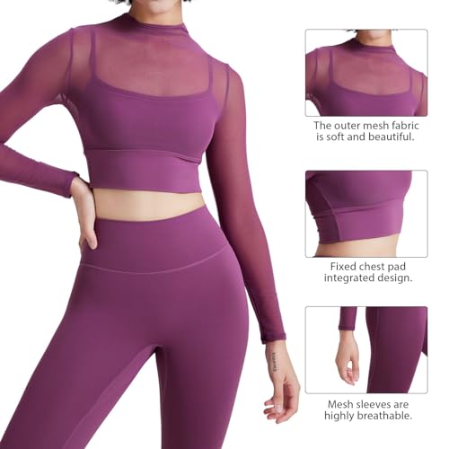 Women's Long Sleeve Mesh Crop Workout Tops See Through Shirt Gym Yoga Running Shirts with Built in Bra4