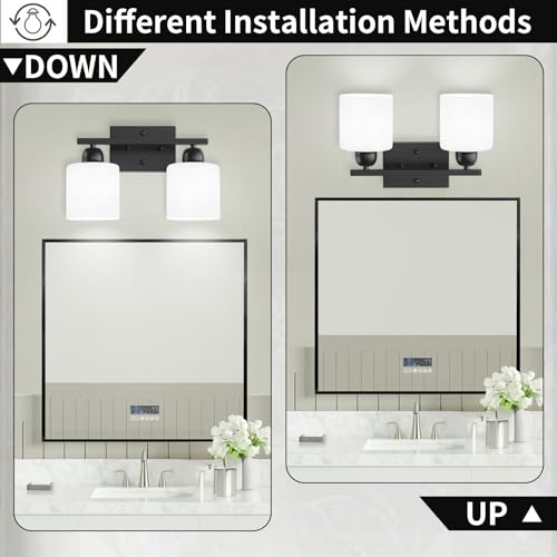 Image of Bath Vanity Lights for Mirror, Restroom Lights Fixtures with Milky White Frosted Glass Shades,Bathroom Over Sink Light Fixtures (Black & Milky White Glass, 2-Light)