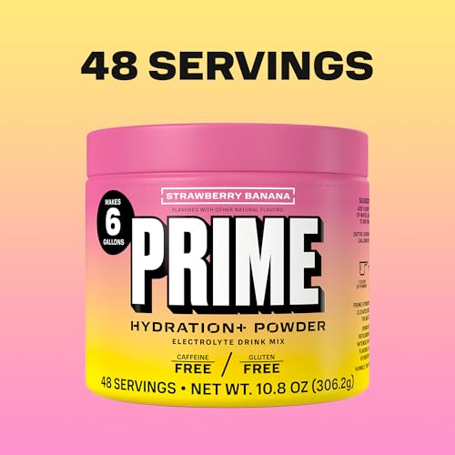 Image of PRIME HYDRATION+ Electrolyte Powder, Strawberry Banana, Sugar Free Hydration Drink Mix with Potassium, Magnesium & B Vitamins to Replenish Fluids, Caffeine Free, 6 Gallon Tub, 48 SRV