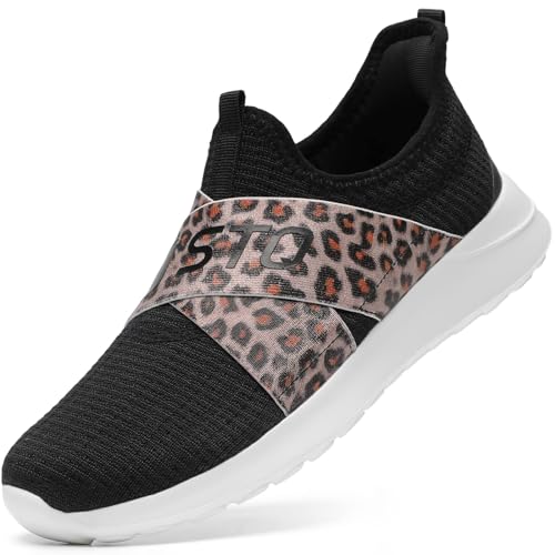 STQ Slip ins Walking Shoes Women Arch Support Slip On Tennis Shoes Comfortable Non Slip Work Shoes for Gym Workout Black Leopard Size 6.5