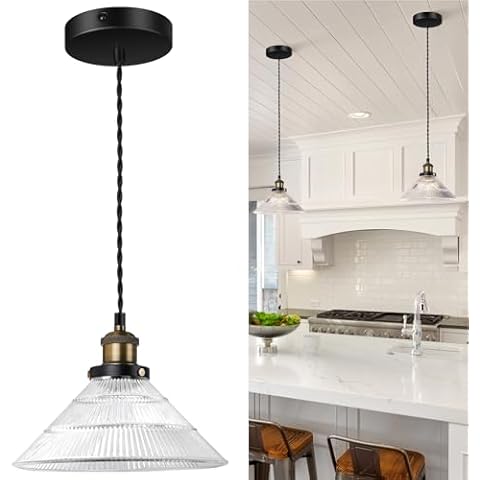 LIGHTINN Vintage Brushed Bronze Pendant Light Fixtures with Big Thick Striped Glass Shade,1 Pack Cover