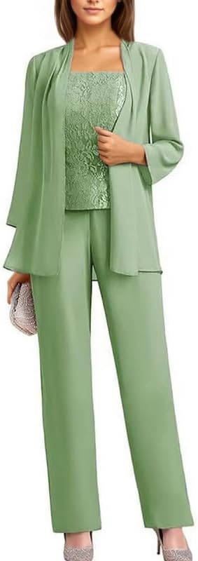 3 Pieces Mother of The Bride Pant Suits for Women Chiffon Dressy Plus Size Lace Formal Evening Pantsuits with Jacket