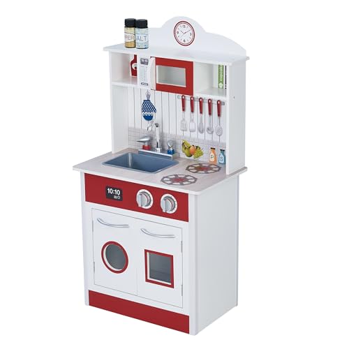 Teamson Kids Little Chef Madrid Classic Interactive Wooden Play Kitchen with Sink, Oven and Microwave and Storage Space for Easy Clean Up, White with Red Accents