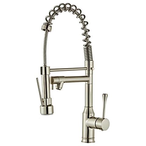 Commercial Kitchen Tap with Pull Down Sprayer Nickel Brushed - Modern Single Handle High Arc,Single Level Brass Kitchen Sink Taps, Beelee BL7091N Cover