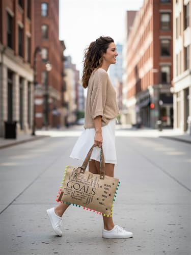 Image of The House of tara Jute Tote Handbag | Brown Beige Printed Shoulder Bag | Tassel Embellished | Magnetic Closure | Zipper Compartment | Casual Bag for College, Office & Daily Use | For Women
