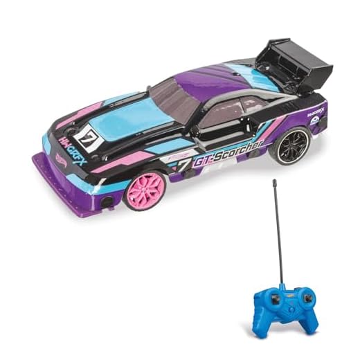 MONDO Motors Hot Wheels GT Scorcher, Modello in scala 1:24, fino a 8 Km/h di velocità, auto giocattolo per bambini 63822, con luci LED nella carrozzeria, colore viola e azzurro
