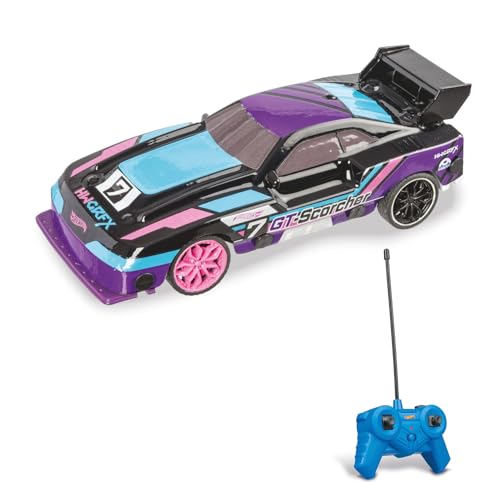 Mondo Motors Hot Wheels GT Scorcher, Modelo en Escala 1:24, hasta 8 Km/h de Velocidad, Coche de Juguete para niños 63822, con Luces LED en la carrocería, Color Morado y Azul