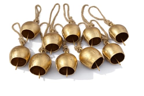Image of Rustic Brass Hanging Bells Pack of 10 | Vintage Mini Bells with Rope for Home Decor, Diwali Pooja, Wall Art, Christmas & Craft Use