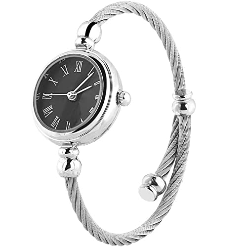 ساعة كوارتز فاخرة للنساء بسوار كيبل فضي مفتوح ومقاس صغير