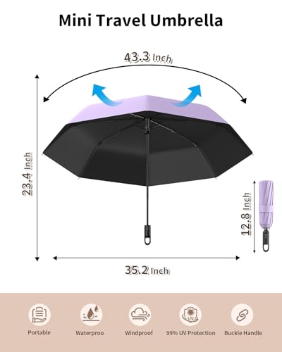 Image of ANYCHO Umbrella for Women 3 Fold with Carabiner Handle - Small Size for UV Protection & Rain - Automatic Pocket Umbrella for Men, Women and Kids