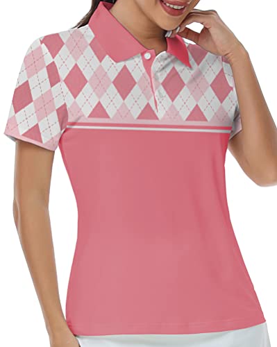 Igeekwell Womens Pink Golf Shirt Short Sleeve Slim Fit Tennis Shirt Golf Polo Shirts Argyle Summer Cute Tops X-Large #TOP29