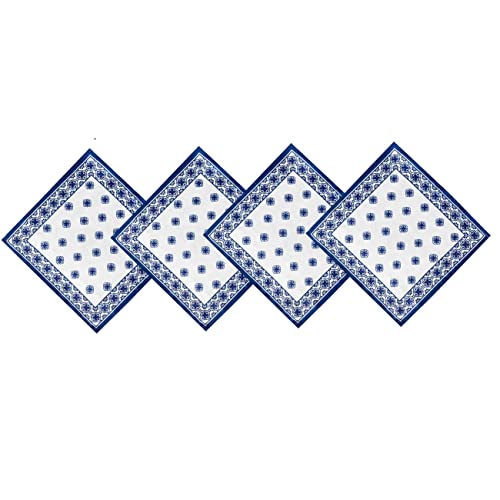 Newbridge Mykonos Blue Mediterranean Tile Bordered Fabric Napkins - Blue Medallion Print Indoor/Outdoor Stain Resistant, No-Iron Fabric Napkins, Set Of 4 Napkins #TOP26