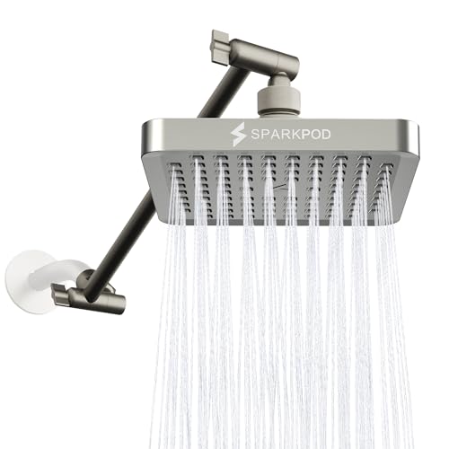 SparkPod Brushed Nickel 6" Square Shower Head with 11" Arm - High Pressure Luxury Rain Shower Head with Adjustable Shower Arm Extension
