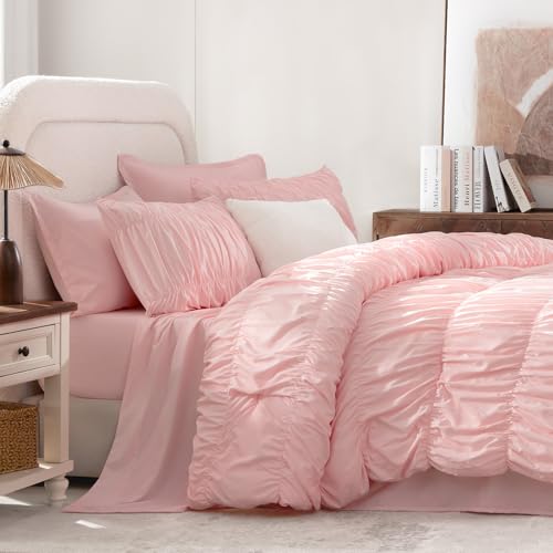 Image of Andency Ruched Queen Comforter Set Pink, 7 Pieces Ruffle Bed in a Bag, Shabby Chic Pleat Bedding Set with Comforter, Sheets, Pillowcase & Sham, Lightweight, Soft, All Season