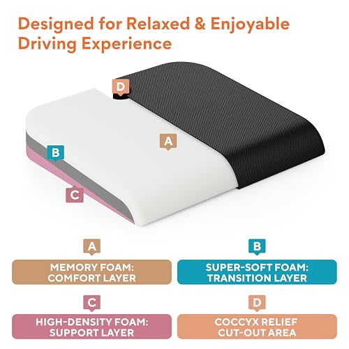 FOVERA Car Seat Cushions | Memory Foam Seat Cushion for Car Driving Seat | Wedge Shape with U Cut-Out for Long Drives & Daily Commute | Relieves Back & Tailbone Pain (L-Above 80Kg Wt, Mesh Black)