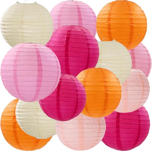 We Moment Zone 15 Stück Papier Lampions Rosa Orange Orange Pink und Pfirsich Runde Papierlaterne Papier Laterne für Lampenschirm Deko Geburtstagsfeier HochzeitsdekorationenGartenparty Deko