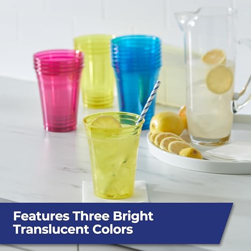 Image of Hefty Party Perfect Tinted Disposable Plastic Cups, Red, Blue, and Yellow Plastic Cups, Perfect Party Cups for Easy Cleanup and Large Gatherings, 18 Ounce, 54 Count