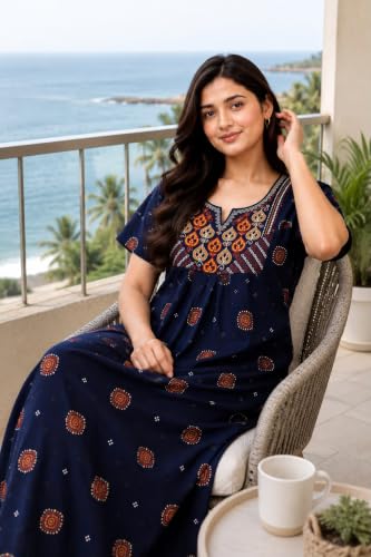 Image of Women's Pure Cotton Maxi Nighty, Jaipuri Embroidery Print, Short Sleeve Night Gown with Pocket
