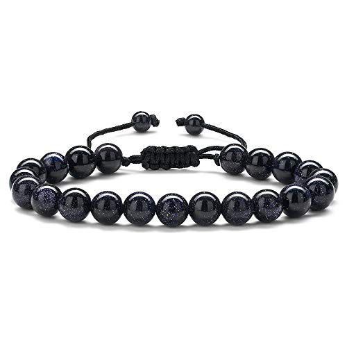 Mens Bracelet Blue Beads Healing - 8mm Tiger Eye Stone Beads Bracelet Adjustable Natural Matte Agate Onyx Yoga Essential Oils Anxiety Aromatherapy Bracelets Jewelry Birthday Gifts for Men, 9 inch,