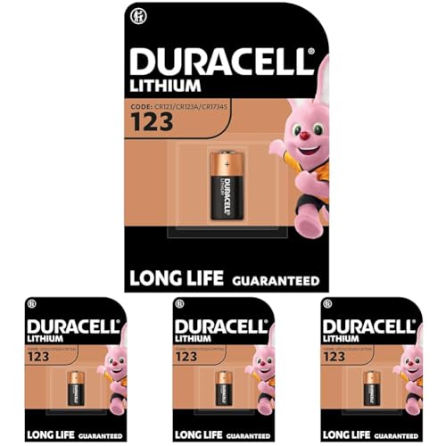 DURACELL CR123 (Paquete de 4) Pilas de Litio de Alta Potencia 3 V (CR123A/CR17345) para cámaras, linternas, detectores de Humo y Otros Dispositivos electrónicos pequeños