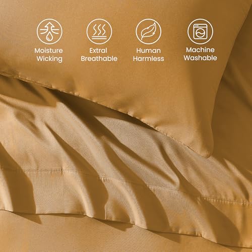 SLEEP ZONE Nanotex Super Soft Cooling Twin Bed Sheets Set for Kids 3 Piece - Easy Care Fitted Flat Sheet & Pillowcase Sets - Wrinkle Free, Fade Resistant, Deep Pocket 16" (Dull Yellow, Twin)