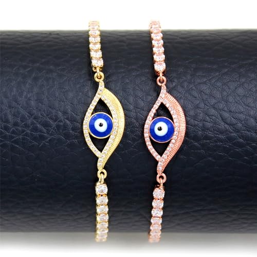 Image of Devil's Eye Charm Bolo Bracelet for Girls and Women Adjustable Sliding Button Tennis Bracelet with Cubic Zirconia Chain, Lucky Protection Bracelet Gift YA4896