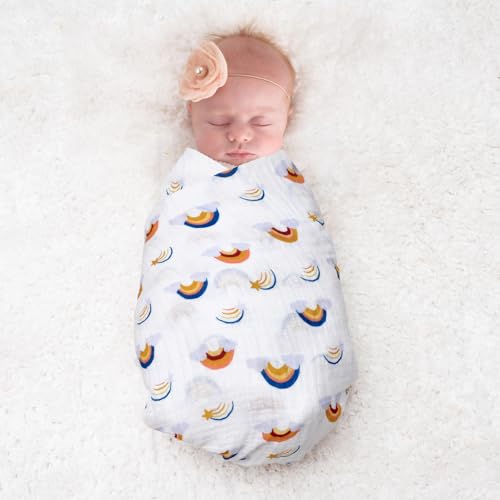 Image of david's kids 4 Pack Baby Muslin Swaddle Blankets, 100% Cotton and Ultra Soft Breathable Receiving Blanket Wrap for Boys Girls, New Born Essentials, Large 47 x 47 inches, Rainbow